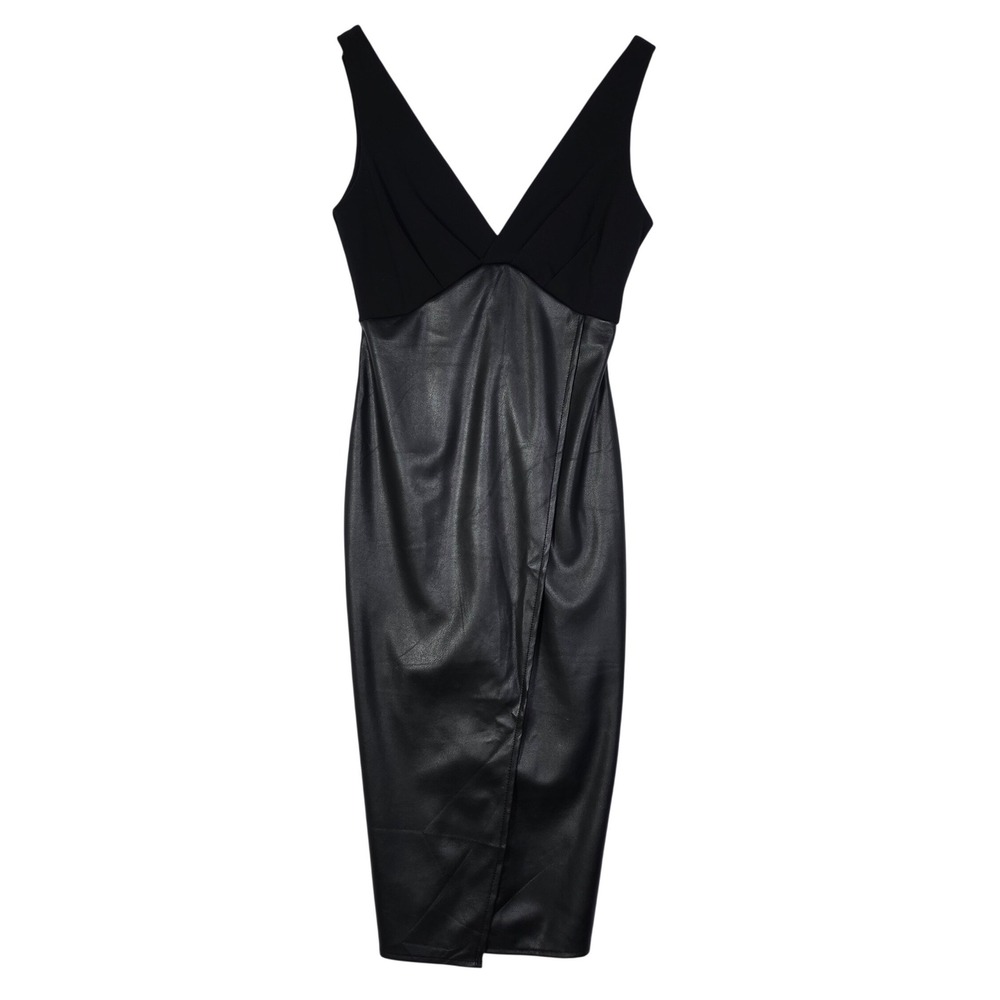 ASOS Women Size 4 Black Solid Midi Dress Faux Leather Wrap Skirt Edgy Chic Night - Picture 2 of 13